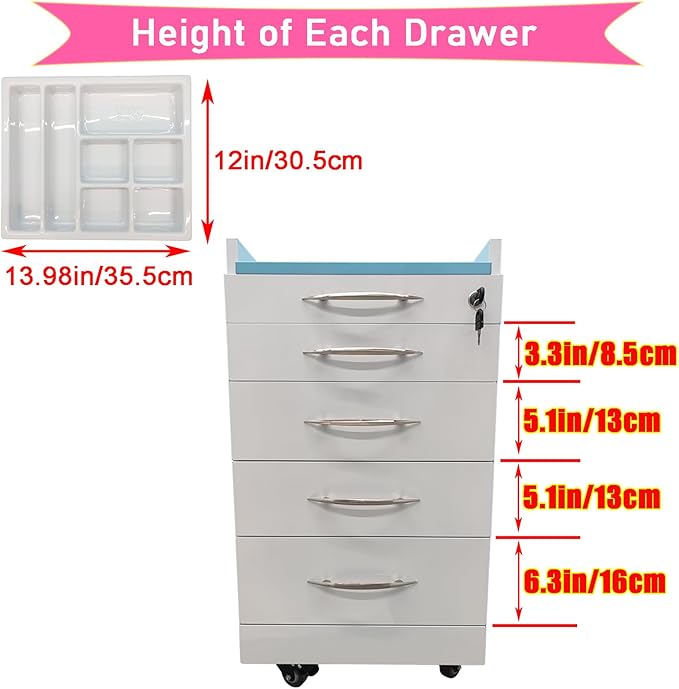 4 Drawer Dental Assistant's Mobile Cabinet Office File Storage Cart Mobile Utility Storage Cart Stainless Steel Moving Side Cabinet with 2 Pallets Lock Wheels for Dental Medical Office