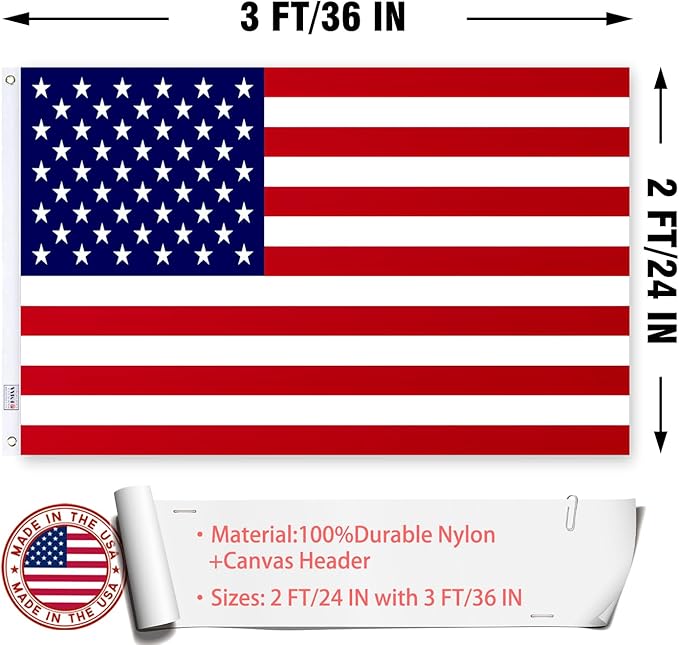 Embroidered American US Flag 2x3 Outdoor Made in USA - Double Sided Heavy Duty Vivid Color United States Flag Banners with 2 Brass Grommet