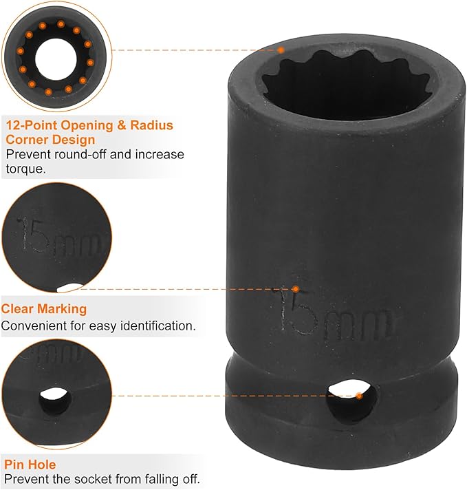 HARFINGTON 12-Point Impact Socket 1/2 Inch Drive 15mm Metric Cr-V Shallow Impact Socket Nut Driver Wrench for Auto Repair