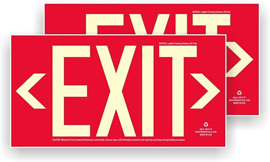 Photoluminescent Exit Signs | Pack of 2 | OSHA-ASTM-ANSI American Standard | Aluminum 14.25" x 7.5" | Weather Proof | NightBright USA Item: NCC-R II