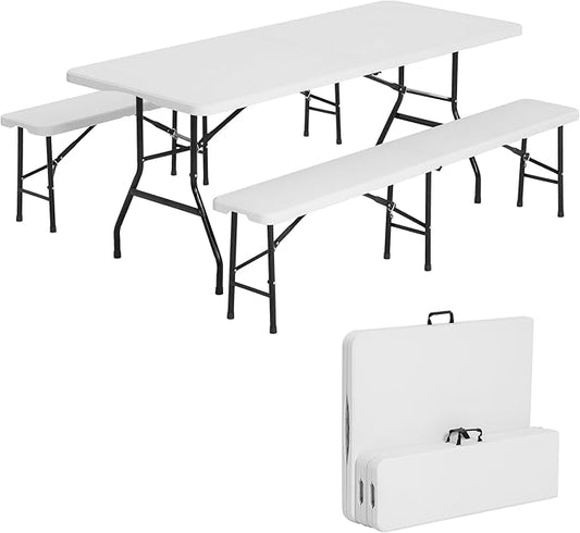 6 FT White Picnic Folding Table Set with 2 Benches, Portable Patio Dining Sets for Backyard, Lawn, Event, Party, Camping