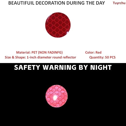 Non Fading Red Reflective Stickers 1-inch Diameter Round Reflector, Outdoor Waterproof High Visibility Warning Adhesive Tape (50 Pcs)