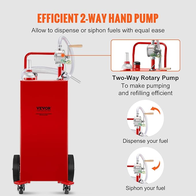 VEVOR Fuel Caddy 35 Gallon, Gas Storage Tank on 4 Wheels, with Manual Transfer Pump, Gasoline Diesel Fuel Container for Cars, Lawn Mowers, ATVs, Boats & More, Red