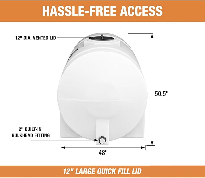 RomoTech 550 Gallon Polyethylene Storage Tank with Legs–Heavy-Duty Horizontal Water Storage Tank for Farms, Industrial or Chemical Use–UV-Resistant, Rustproof, BPA-Free Plastic Liquid Tank, 821242659