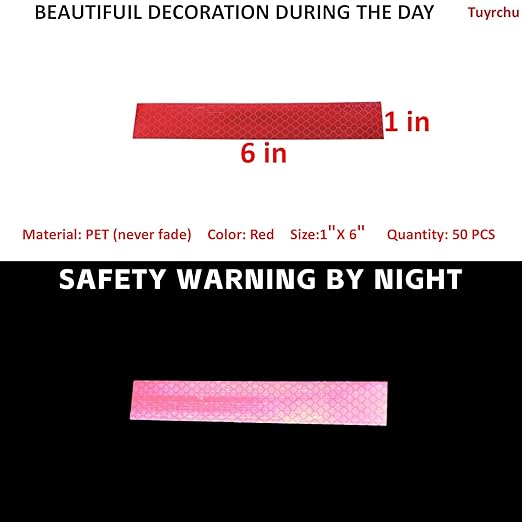 Non Fading Red Reflective Stickers 1 inch X 6 inch, Outdoor Waterproof High Visibility Warning Safety Adhesive Reflector Tape (50 Pcs)