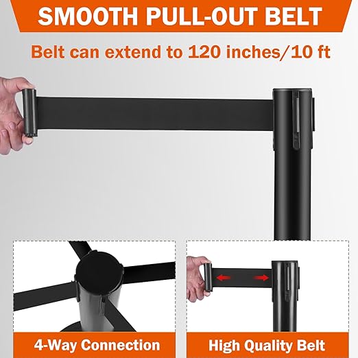 6 Pack Black Crowd Control Stanchions with 10FT Retractable Belts, Rubber Base Posts for Event Queue and Crowd Management