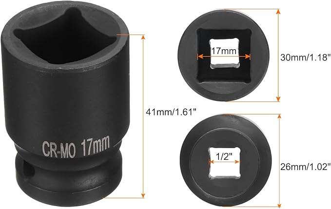 HARFINGTON 4 Point Square Socket 1/2" Drive 17mm Metric Square Impact Socket CR-MO Blackening Standard Wheel Sockets Pneumatic Socket Tool for Auto Repair Mechanical Maintenance Home Use