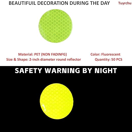 Non Fading Fluorescent Yellow Reflective Stickers 2-inch Diameter Round Reflector, Outdoor Waterproof High Visibility Warning Adhesive Tape (50 Pcs)