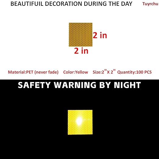 Non Fading Yellow Reflective Stickers 2 inch X 2 inch, Outdoor Waterproof High Visibility Warning Safety Adhesive Reflector Tape (100 Pcs)