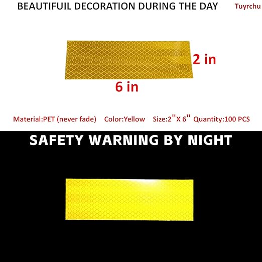 Non Fading Yellow Reflective Stickers 2 inch X 6 inch, Outdoor Waterproof High Visibility Warning Safety Adhesive Reflector Tape (100 Pcs)