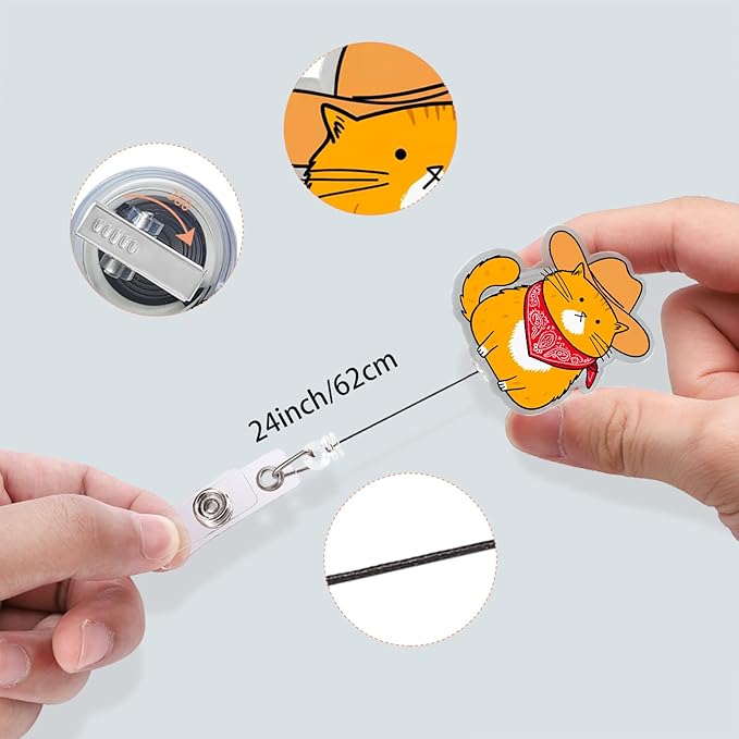 Funny Cat Badge Reel, Retractable Id Badge Holder with Alligator Clip, Name Tag Holder for Nurse Office Worker, Funny Design (Cowboy Cat)