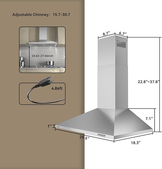 Hermitlux Range Hood 30 inch, Stainless Steel Wall Mount Vent Hoods for Kitchen with Charcoal Filter, Ducted/Ductless Convertible, 3 Speed Exhaust Fan, LED Light, Button Control