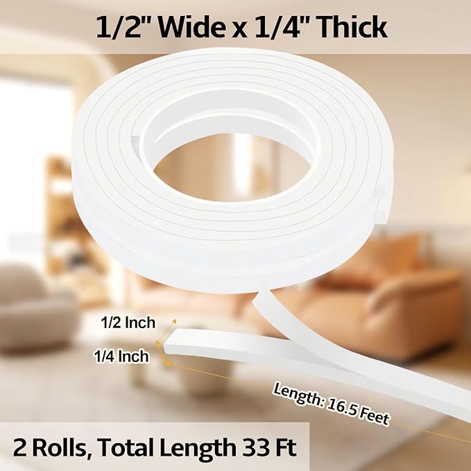 1/2 Inch W x 1/4 Inch T EVA Foam Weather Stripping Tape,Self-Adhesive Seal Tape for Doors & Windows-Draft Blocker,Soundproofing,Waterproof Insulation Foam,2 Rolls Total 33FT White