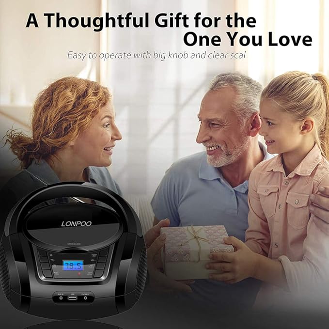 LONPOO CD Player Portable Boombox with FM Radio/USB/Bluetooth/AUX Input and Earphone Jack Output, Stereo Sound Speaker & Audio Player,Black