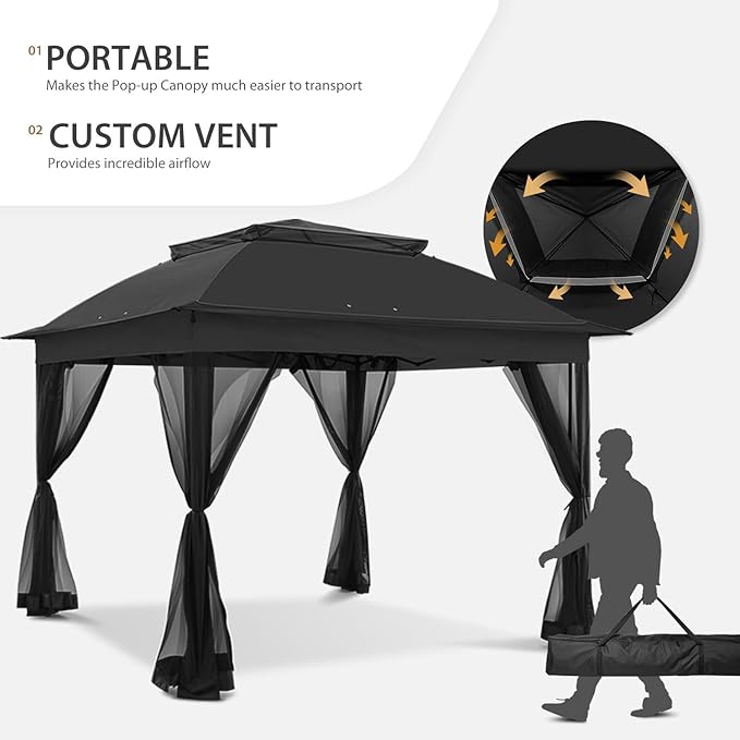 COOS BAY 11x11 Pop Up Instant Gazebo Tent with Mosquito Netting Outdoor Canopy Shelter with 121 Square Feet of Shade (Black)