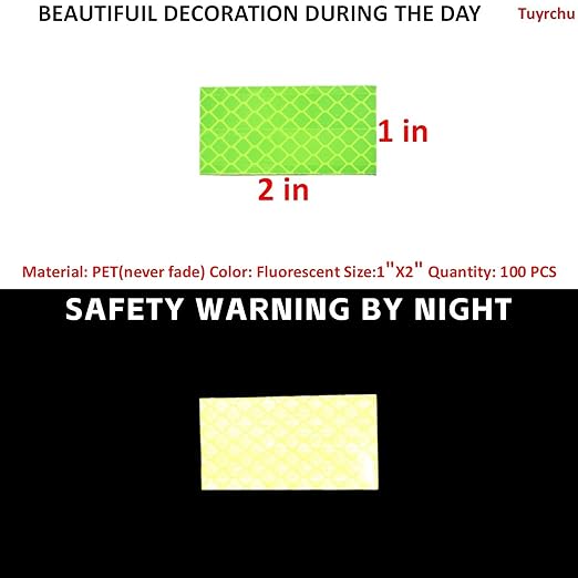 Non Fading Fluorescent Yellow Reflective Stickers 1 inch X 2 inch, Outdoor Waterproof High Visibility Safety Adhesive Reflector (100 Pcs)