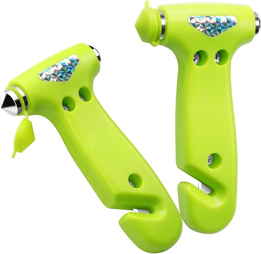 Car Window Breaker, Safety Hammer - 3 in 1 Escape Tools, Window Breaker Seatbelt Cutter, Roadside Emergency Kit with Light Reflective Tape(2 Pack, Green)