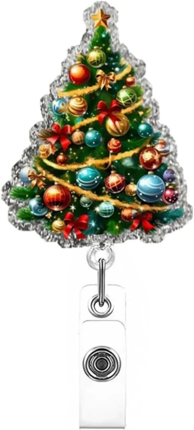 Christmas Badge Holder Cute Christmas Tree Badge Reel Retractable Acrylic Badge Reels Sparkly ID Name Tag Colorful Balls Xmas Tree Badge Clip for Nurse Student Teacher Office Decoration Party Favors