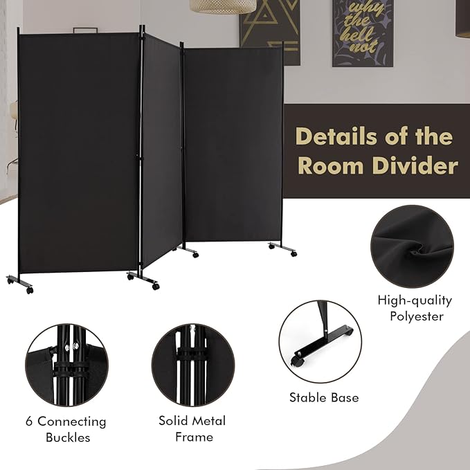 Giantex 3 Panel Room Divider with Wheels, 103''W x 71''H Folding Privacy Screen, Rolling Partition Room Dividers for Home Office Studio, Freestanding Fabric Wall Divider for Room Separation, Black
