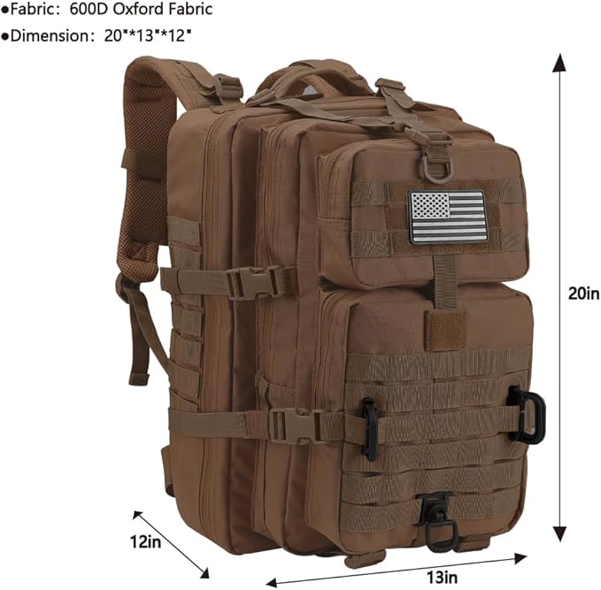 MOLLE Assault Backpack, Tactical Backpack Military Army Camping Rucksack, 3-Day Pack Trip w/USA Flag Patch, D-Rings, Dark Brown