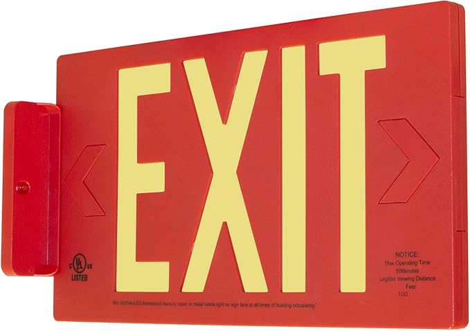 LFI Lights® UL 924 Listed 50’ Photoluminescent Exit Sign, Red Thermoplastic Housing, Single-Sided, Wall, Ceiling or Side Mount, Optional Arrows, Glow in the Dark, No Power or Battery Needed, PA3R50S