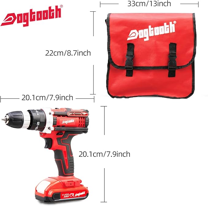 DOGTOOTH 21V MAX Cordless Drill, 2 * 2.0 Ah Batteries, 2 Speed Functions Max 1350 RPM, Build-in LED, 23 Bits, Charger, Tool Bag - Red
