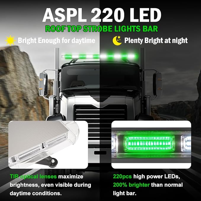 ASPL 46 inch 220 LED Rooftop Low Profile Strobe Light Bar Emergency Warning Beacon Car Hazard Flashing Construction Roof Lights Bars for Trucks Tow Automotive Construction Vehicle (Green/White