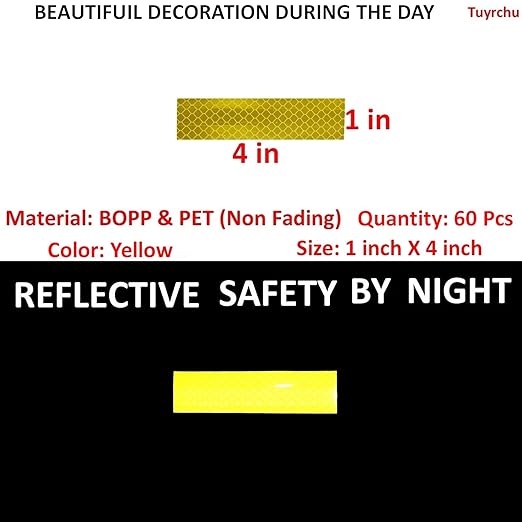 Yellow Reflective Stickers 1 inch X 4 inch, Outdoor Waterproof High Visibility Warning Safety Adhesive Reflector Tape (60 Pcs)