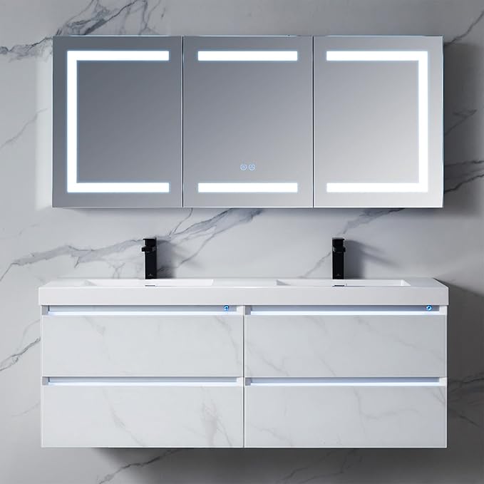 Blossom 60x26 LED Medicine Cabinet Mirror for Bathroom, Recessed/Surface Lighted Medicine Cabinet with Mirror, Anti-Fog, Dimmable 3 Color Makeup Mirror, Wall Mounted Storage