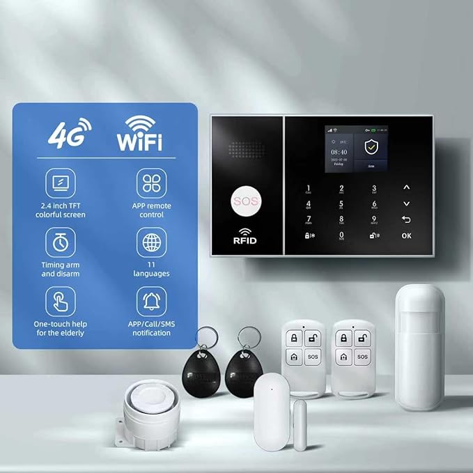LWOHSI A108F Alarm System for Home Security,WiFi+GSM 4G DIY Alarm Kit with Phone APP Alert, Door/Window Sensor, Remote, Compatible with Alexa and Google for House, Apartment