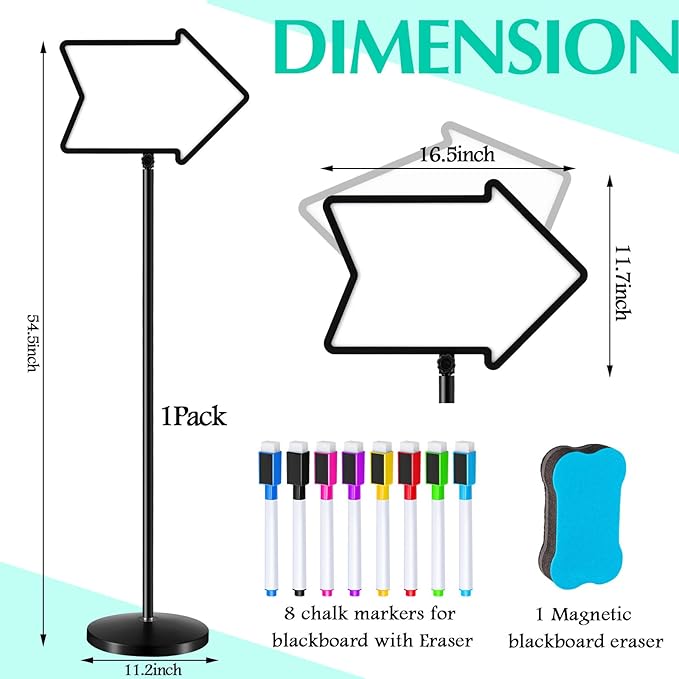 Lincia 1 Pack Dry Erase Board Arrow Sign Stand Adjustable Holder Floor Signs 11.7 x 16.5 Inch Dual Sided with Heavy Duty Pedestal for Indoor Outdoor Hotel School