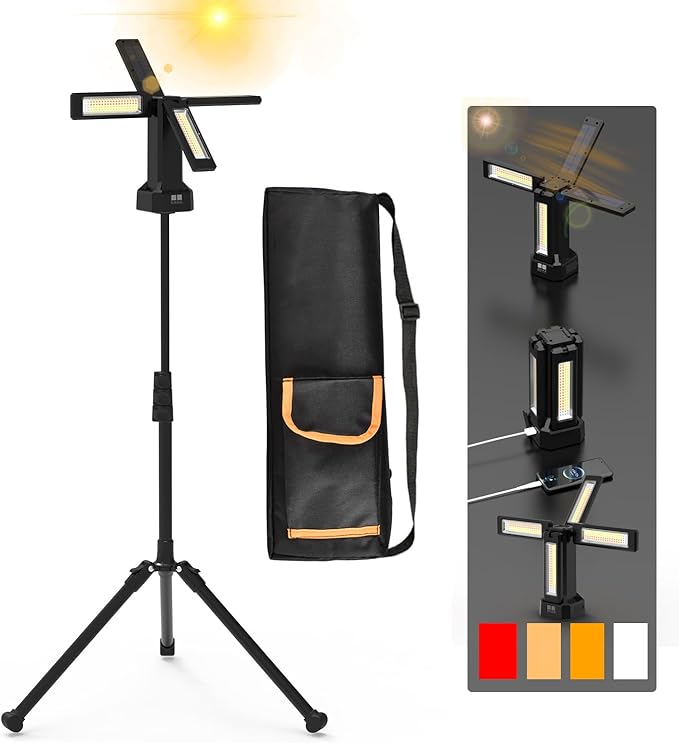 13200mAh Rechargeable Solar Work Light with Folding Stand and Carrying Bag, AODOO 8000 Lumen Stepless Dimmable , White/Warm/Nature White/RED(SOS) with Detachable Tripod (Black)