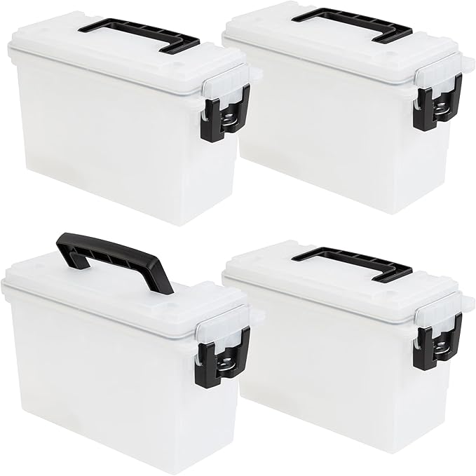 Sheffield 12758 4-Pack Ammo Storage Box, Stackable .30 Cal Field Boxes, Water and Dust Resistant, Lockable Storage Box with Handle, Secures Hunting Gear, Supplies, and Bullets, Made in USA, Frost