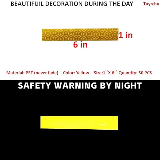 Non Fading Yellow Reflective Stickers 1 inch X 6 inch, Outdoor Waterproof High Visibility Warning Safety Adhesive Reflector Tape (50 Pcs)