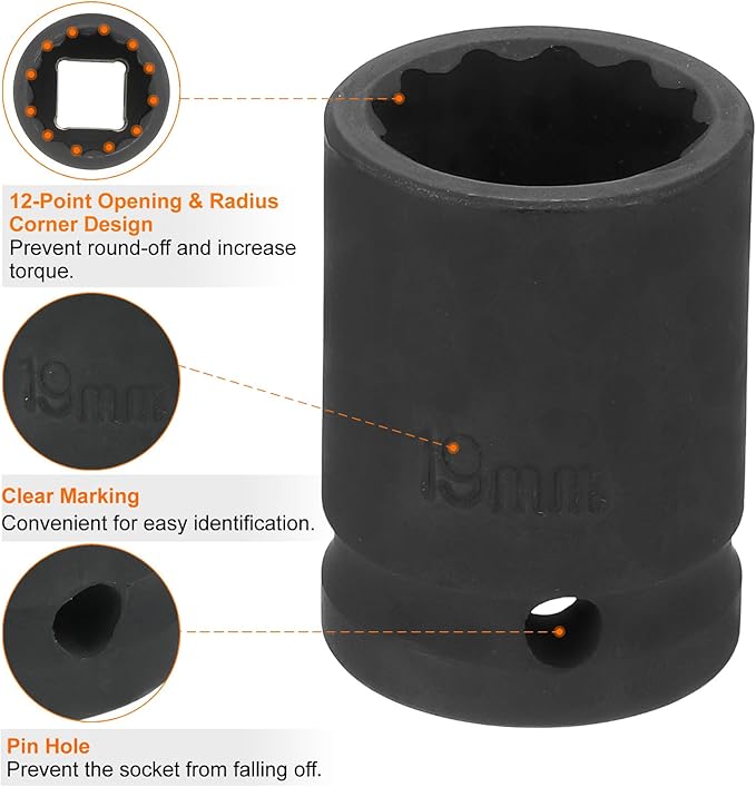 HARFINGTON 12-Point Impact Socket 1/2 Inch Drive 19mm Metric Cr-V Shallow Impact Socket Nut Driver Wrench for Auto Repair