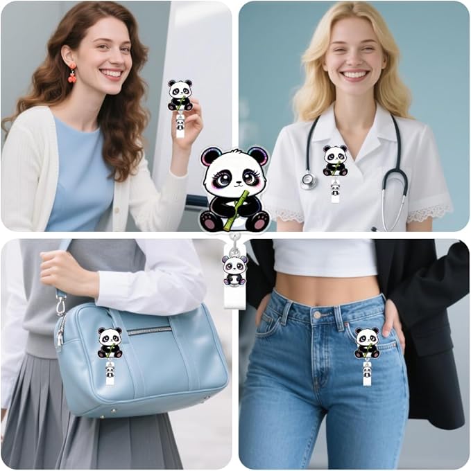Cute Panda Badge Reel for ID Card, Funny Animal Panda Retractable Nurse Alligator Clip Badge Reel for Women, ID Name Tag Badge Holder for Office School Hospital Nurses Doctors Teachers