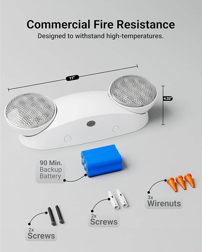 Sunco 6 Pack Emergency Light Outdoor LED, Backup Battery, Two Adjustable Bug Eye Head Lights, 94V-0 Fire Resistant, 6500K, 200 Lumens 120-277V, 2W, Wall Mount, White UL.