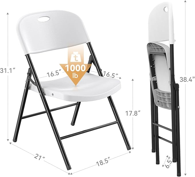 Nazhura 350 Weight Limit Heavy Duty Plastic Folding Chair with Reinfoced Steel Frame for Indoor and Outdoor, Wedding, Party, Restaurant, Meeting Room, Patio and Garden (White, 6 Pack)