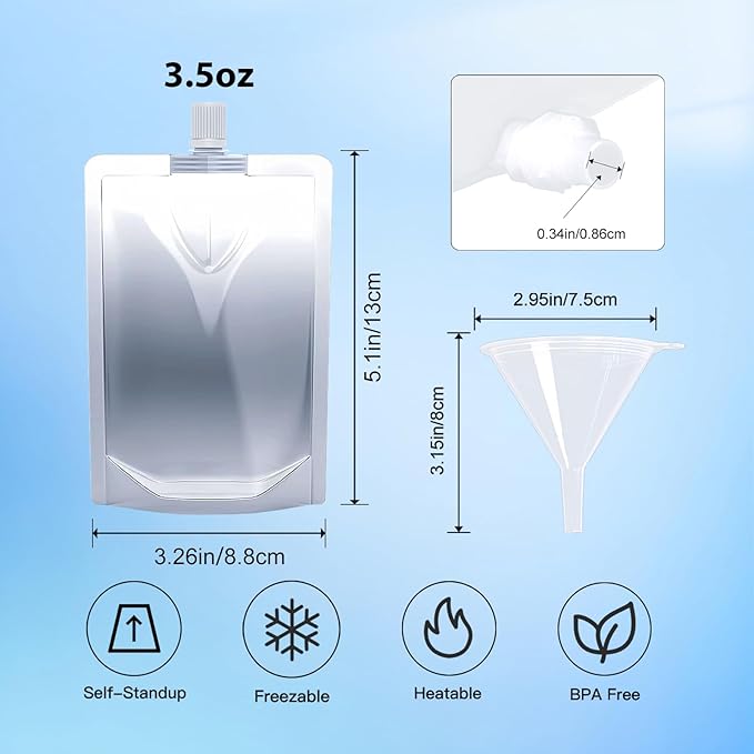 3.5OZ 100PCS Drink Pouches,Reusable Plastic Flask with Funnel for Drinking Liquid Beverage Juice,Stand Up Drink Bags for Travel Camping Outdoor Sport Concert Events,Leak-Proof Food Grade