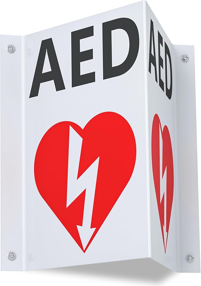 AED Projecting Sign With AED Graphic, 5'' x 9'' Plastic Panel with 4 Pre-Drilled Mounting Holes & Double Sided Tapes, AED Wall Mounted Sign for Outdoor & Indoor
