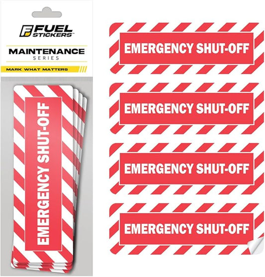 Emergency Shut Off Sign (Large) | Emergency Stop Stickers | Shut Off Valve Sign for Powered Machinery and Equipment - Heavy-Duty, Weatherproof, Ultra Durable – USA Made (6x2 inch), 4 Labels