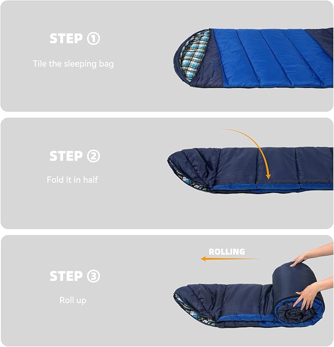 Cotton Flannel Lined Sleeping Bag for Adults Teens Kids, Cold Weather & Warm, 3 Seasons, Lightweight Compact Camping Essentials Equipment, Hiking, Outdoor, Travel