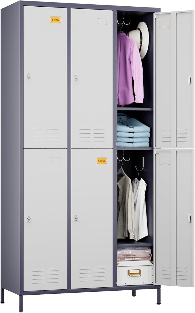 6 Doors Metal Locker for Employees with 18 Hooks and Business Card Holder,Metal Locker with Ventilation Holes for School Garage Office Gym Home,Assembly Required,Grey-White