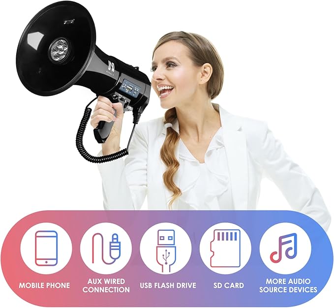 50w Megaphone with LED, Siren, 240s Recording & USB/3.5mm AUX/Bluetooth Input - Rechargeable Battery, for Police, Cheerleading, Rescue, Outdoor(Black)