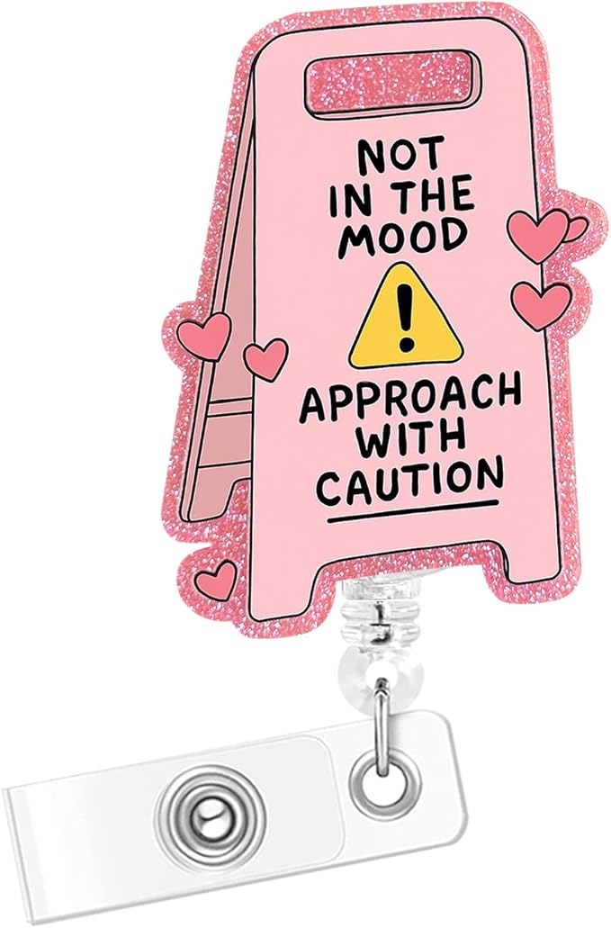 Badge Clips Retractable, Pink Badge Reel with Alligator Clip, Glitter Acrylic Cute Badge Holder (Bad Mood)