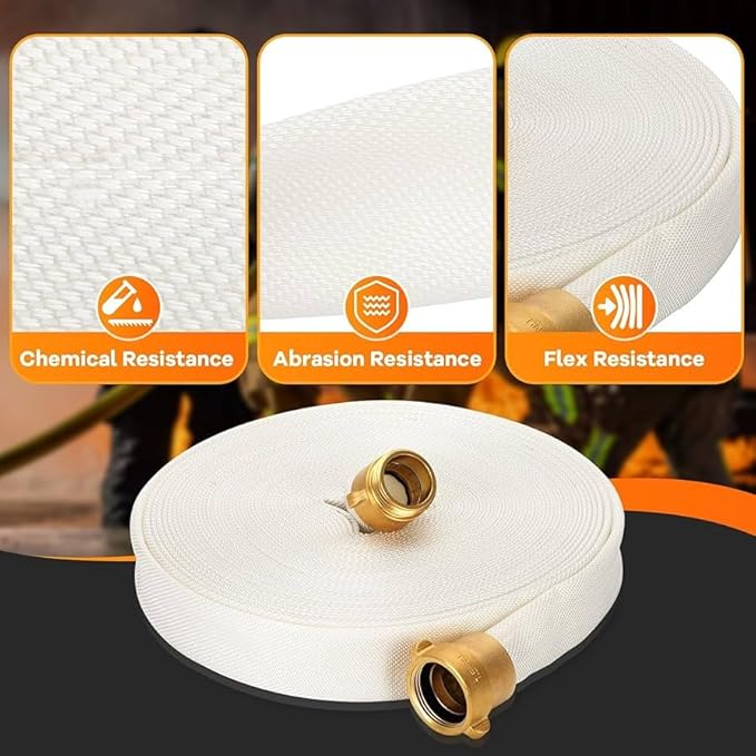 AKW Fire Hose, White, 1-1/2" ID, 500 PSI Burst Pressure, M x F NST Brass Connectors (75 ft.)