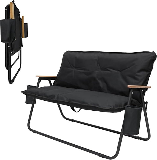 ptlsy 2 Person Camping Chair Oversized Loveseat Camping Chair with Seat Cushion Double Camping Chairs for Adults Heavy Duty Camping Couch Black Outdoor Folding Chair Portable Patio Lawn Chair