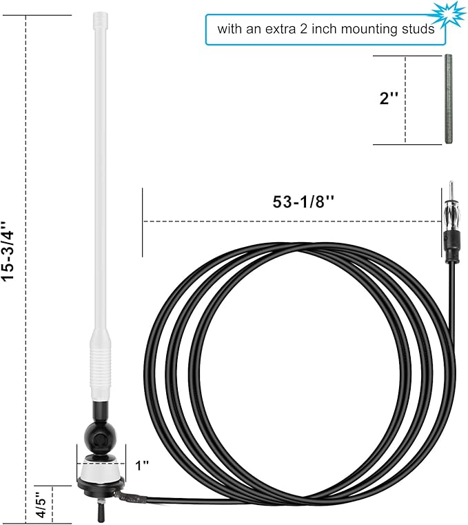 Universal Boat Radio Antenna - Flexible Mast for AM/FM, Yacht, Pontoon, Golf Cart, ATV, UTV, RV, Excavator, Tractor & Car Stereo