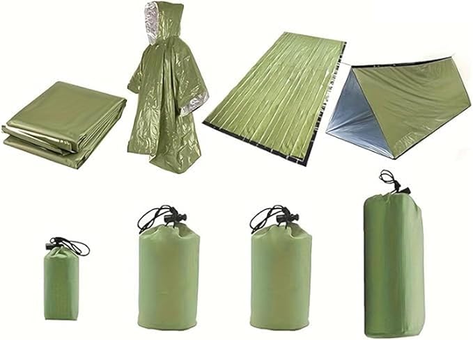 Survival kit 4 Pack, 1 Emergency Tent 1 Emergency Sleeping Bag 1 Mylar Blankets 1 Poncho with 4 Tac Bags for Outdoor Carcar Kits, Camping, Hiking Reuse Emergency Shelter.