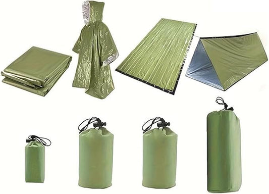 Survival kit 4 Pack, 1 Emergency Tent 1 Emergency Sleeping Bag 1 Mylar Blankets 1 Poncho with 4 Tac Bags for Outdoor Carcar Kits, Camping, Hiking Reuse Emergency Shelter.